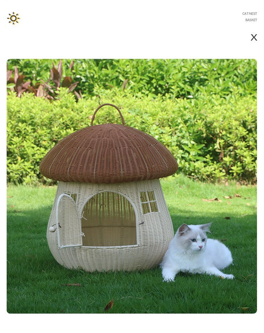 Closed outdoor and home dual-purpose pet nest, rattan nest, cute cat and dog nest, rattan-proof mushroom house cat nest